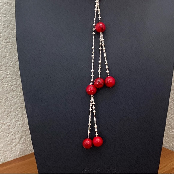 Silver-tone Chain with Red Beads Lariat 24-Inch Necklace 14.2g - Picture 11 of 14